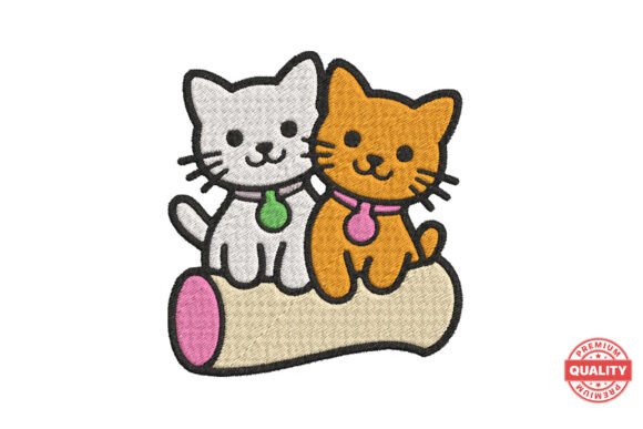 Cute Cat Couple on Log Embroidery for Seasonal Gifts